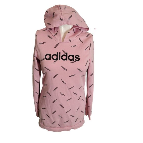 Adidas Graphic Logo Print Hoodie French Terry Tunic Hoodie Pink Black Sz XS - Picture 6 of 12
